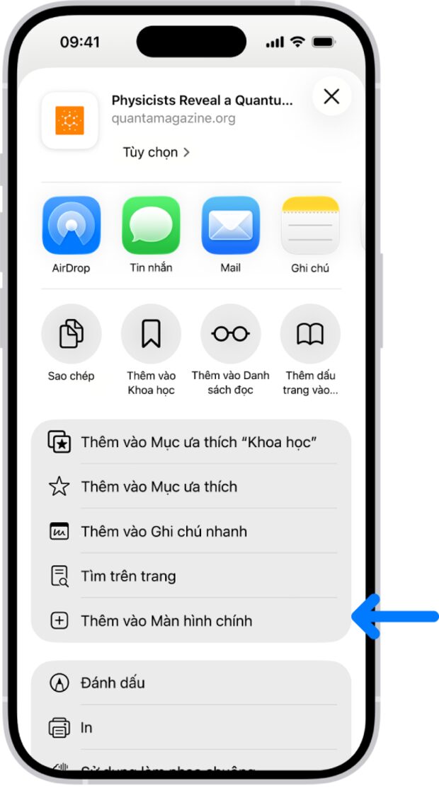 Bảng Chia sẻ trên Safari với dòng Thêm vào Màn hình chính