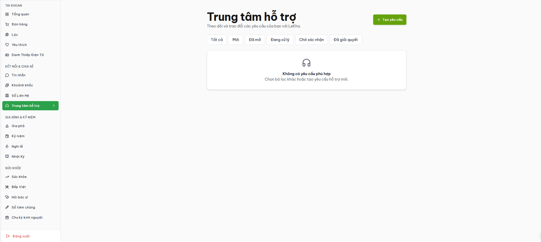 Giao diện tính năng Trung tâm hỗ trợ trên LeKha